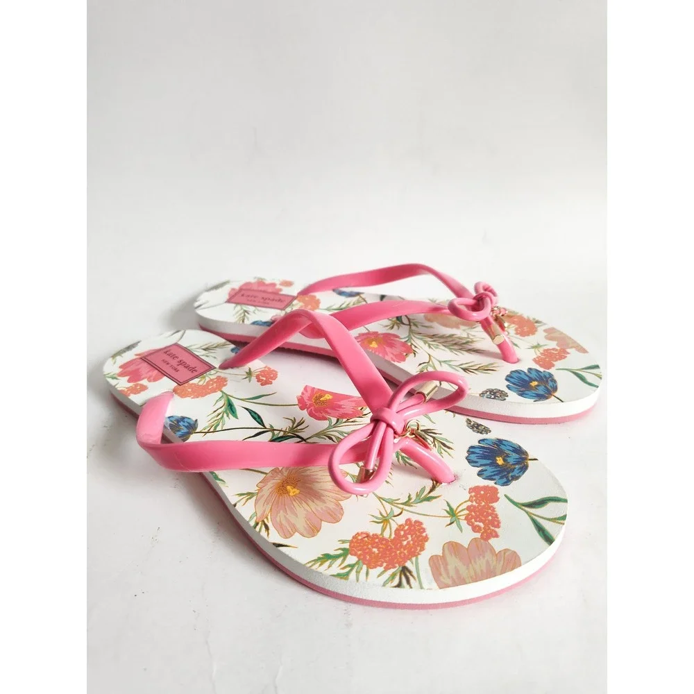 New Kate Spade Flip Flop Sandals 7 Nova Pink Floral Bow Spade Charm Summer Beach